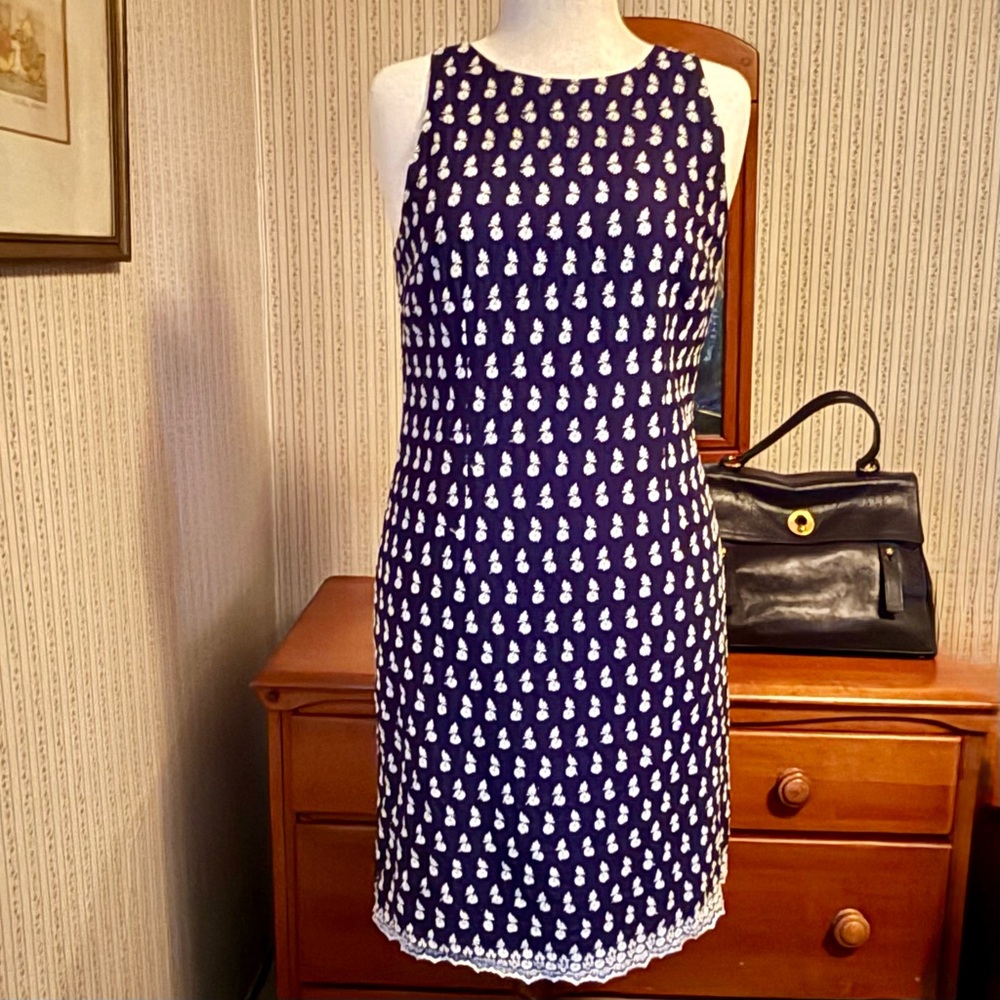 Ann Taylor Blue and White Embroidered Halter Sheath Dress